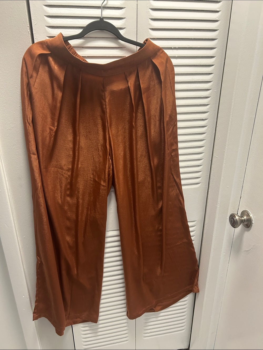 Fashion Nova Wide Leg Satin Pants in Copper Brown